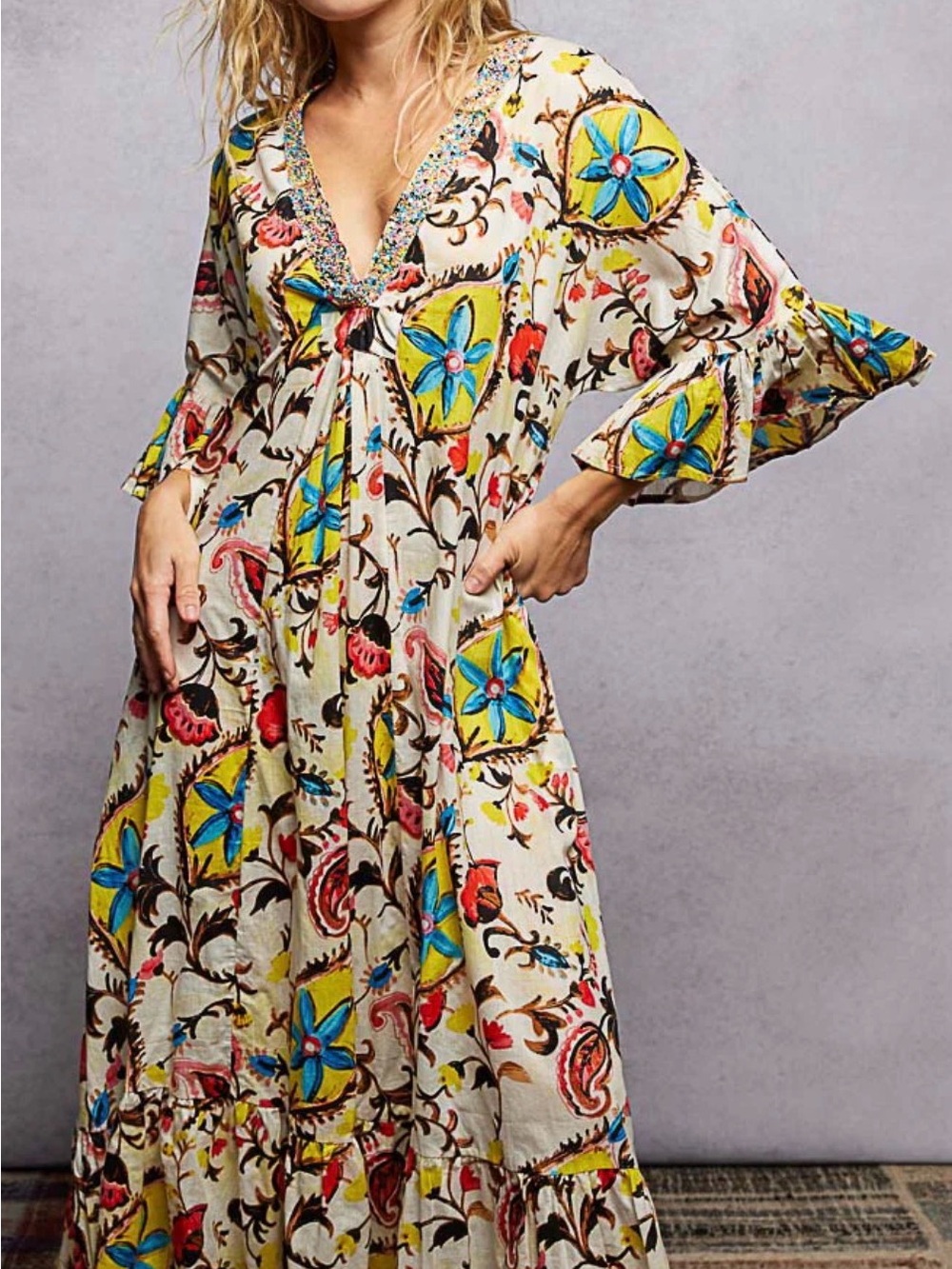 POL Cream Maxi Dress with Multicolor Floral Medallion Print